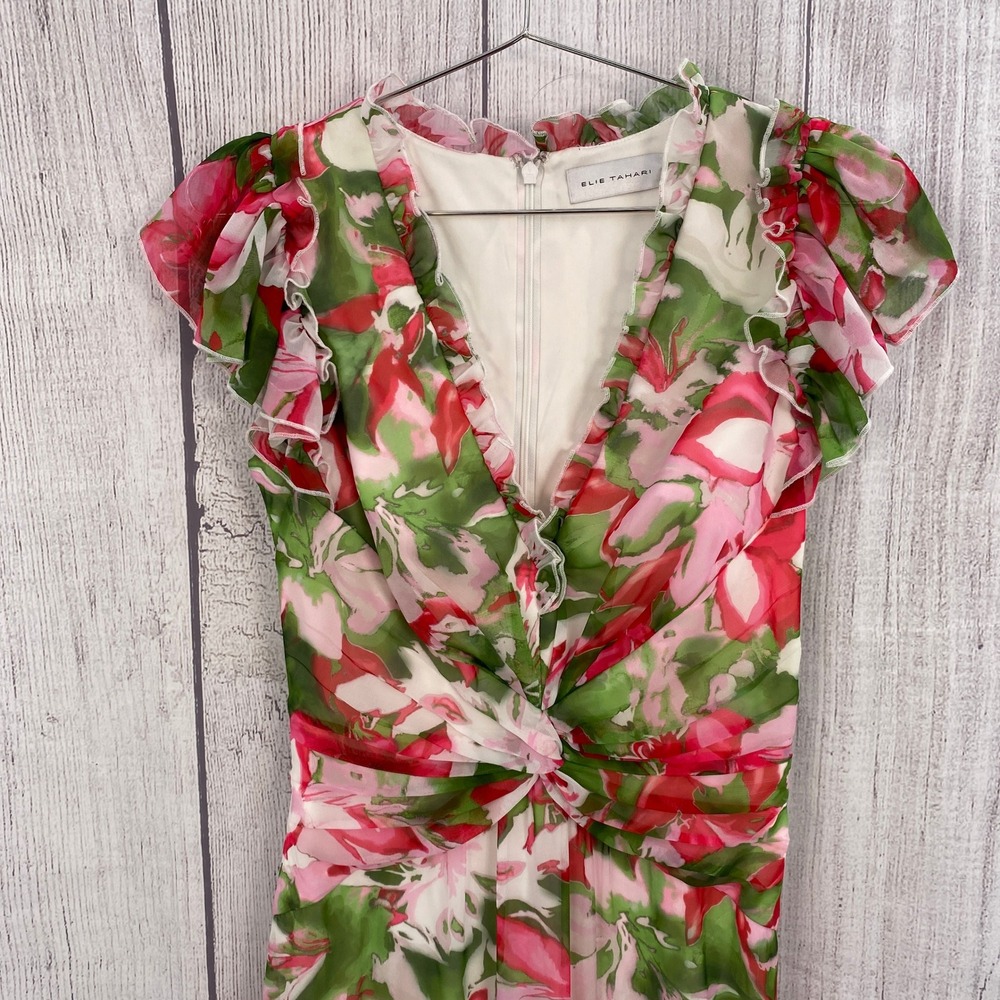 Elie Tahari Green Pink Floral Midi Dress